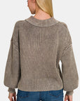 Zenana Washed Half Button Long Sleeve Sweater