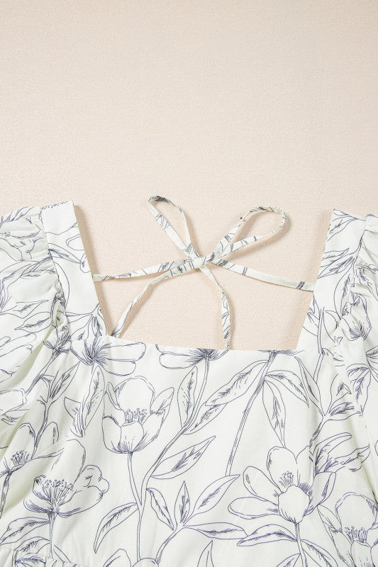 Floral Square Neck Shirred Back Mini Dress