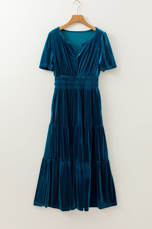 Velvet Shirred Waist Tiered Maxi Dress