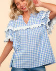 Haptics Full Size Plaid Scallop Hem Notched Short Sleeve Blouse