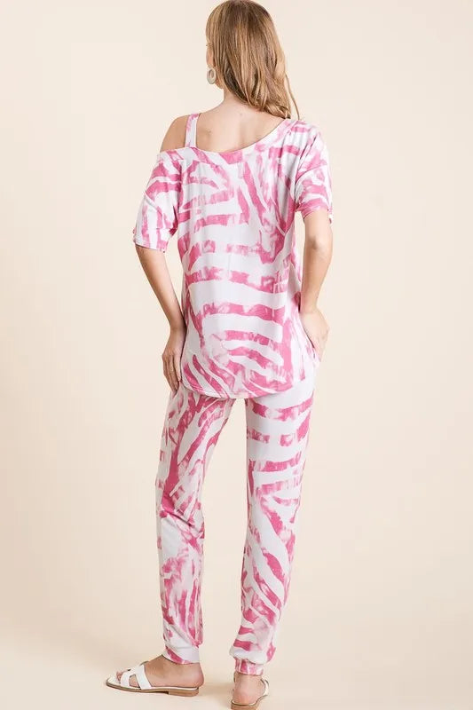 BiBi Zebra Print French Terry Top and Pants Set in Fuschia