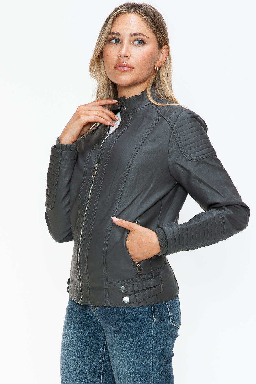 Snobbish Faux Leather Biker Jacket with Side Zip Pockets