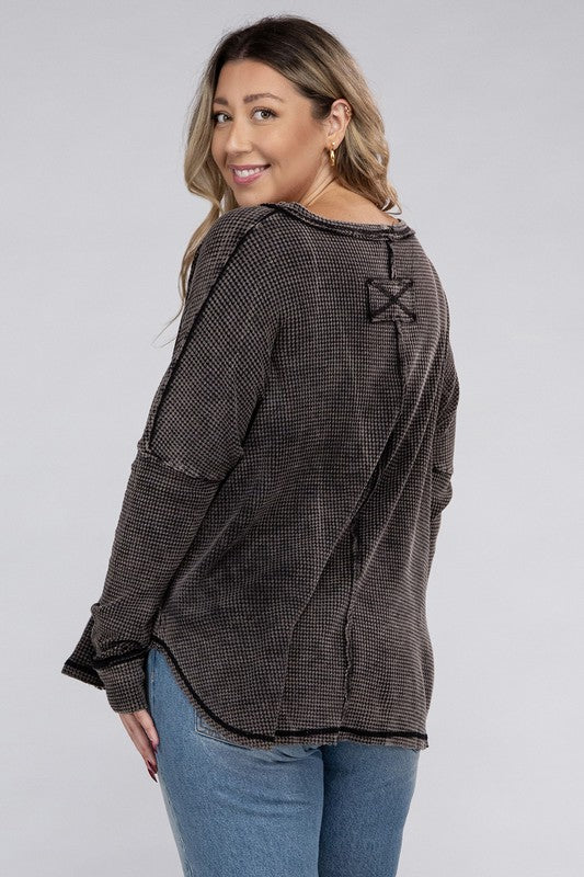 Zenana Plus Washed Baby Waffle Oversized Long Sleeve Top