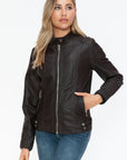 Snobbish Faux Leather Biker Jacket with Side Zip Pockets