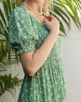 Green Smocked Puff Sleeve Dress - Online Only