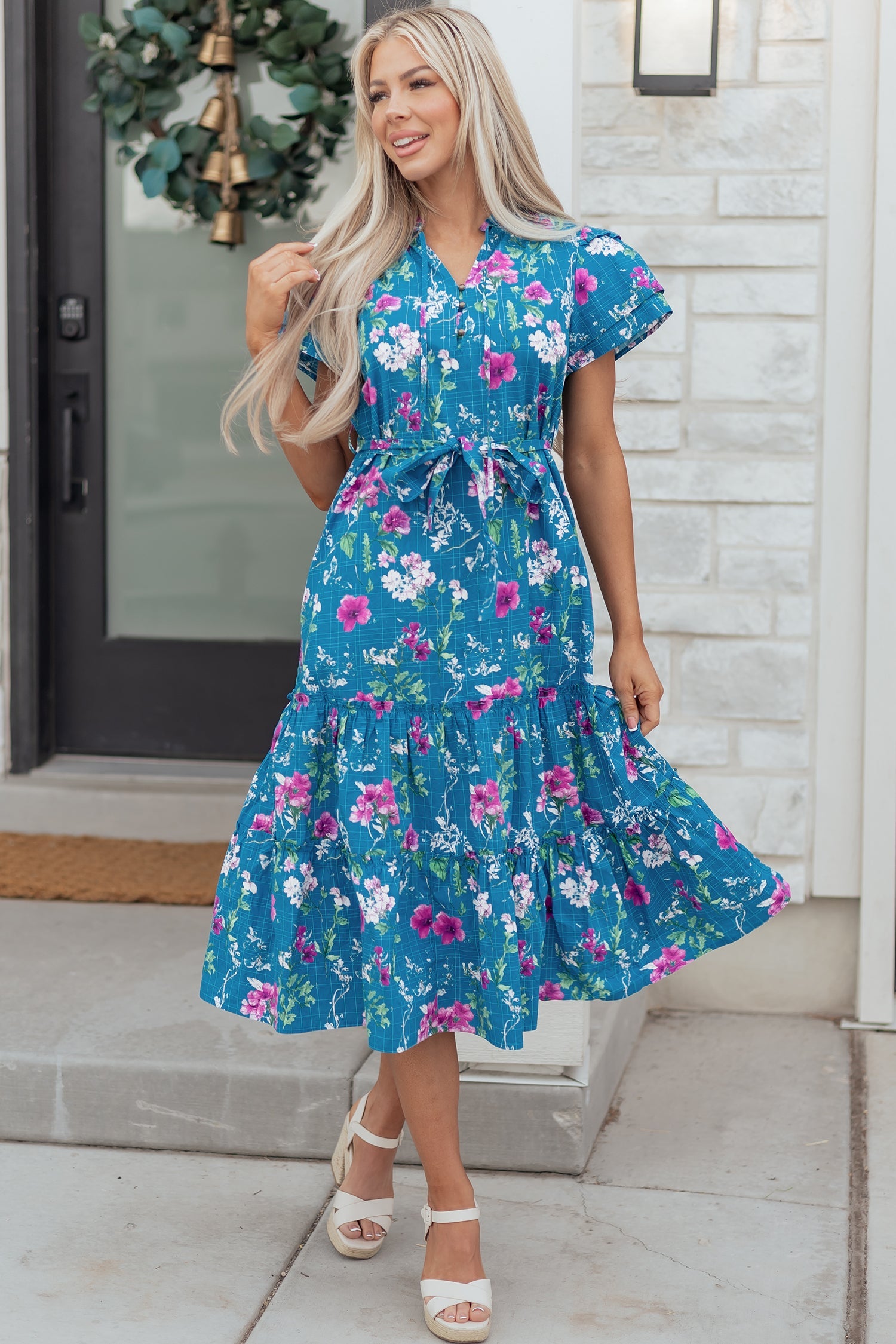 Floral Flutter Sleeve Tie Neck Belted Midi Dress
