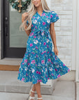 Floral Flutter Sleeve Tie Neck Belted Midi Dress