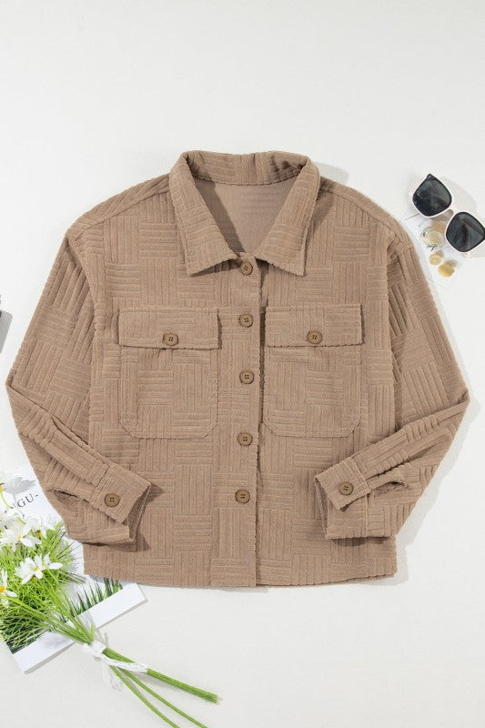Textured Button-Up Chest Pocket Shacket in Khaki