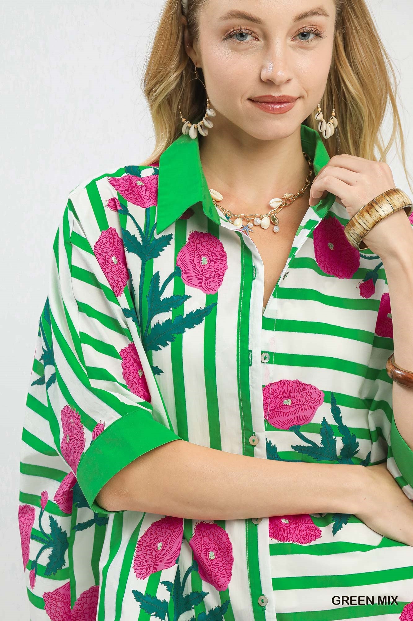 Umgee Mix Floral Stripe Button Down Top
