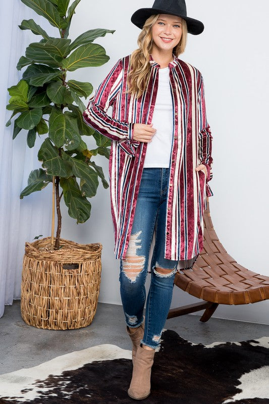 e Luna Striped Velvet Long Cardigan