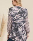 Celeste Full Size Camo Print High-Low T-Shirt with Stripe Sleeves