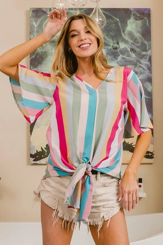 BiBi Multi Stripe Woven V Neck Top with Long Front Tie in Pink