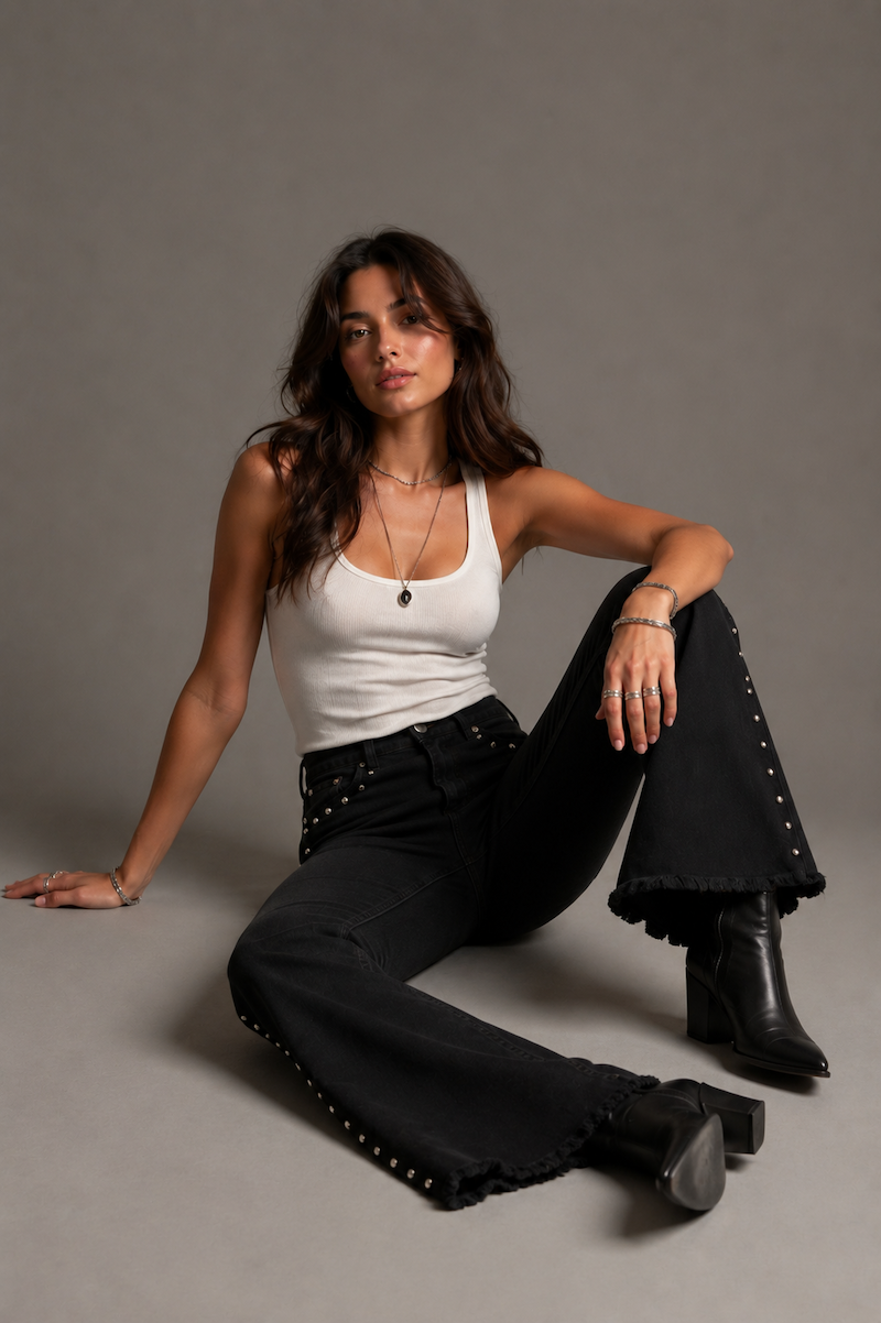 GJG Denim Stevie High Rise Studded Black Flare Jeans