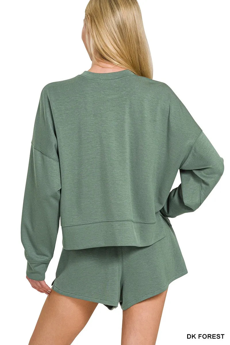 Zenana Scuba Long Sleeve Sweatshirts & Shorts Set in Forest
