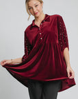 Umgee Pearl Detail Collared Neck Velvet Babydoll Blouse