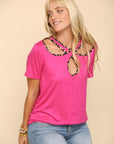 Celeste Full Size Crisscross Cutout Leopard Contrast Trim T-Shirt