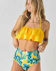 Davi & Dani Solid Ruffle Top And Printed Bottom Swimsuit