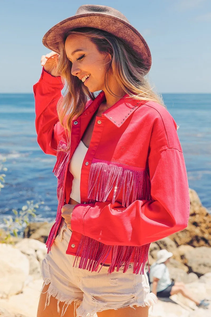 BiBi Rhinestone Fringe with Studded Collar Jacket
