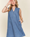 ADORA Notched Sleeveless Denim Dress with Pockets