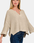 Zenana Notched Side Slit Patch Sweater