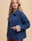 Annie Wear Quilted Printed Lining Snap Down Denim Jacket