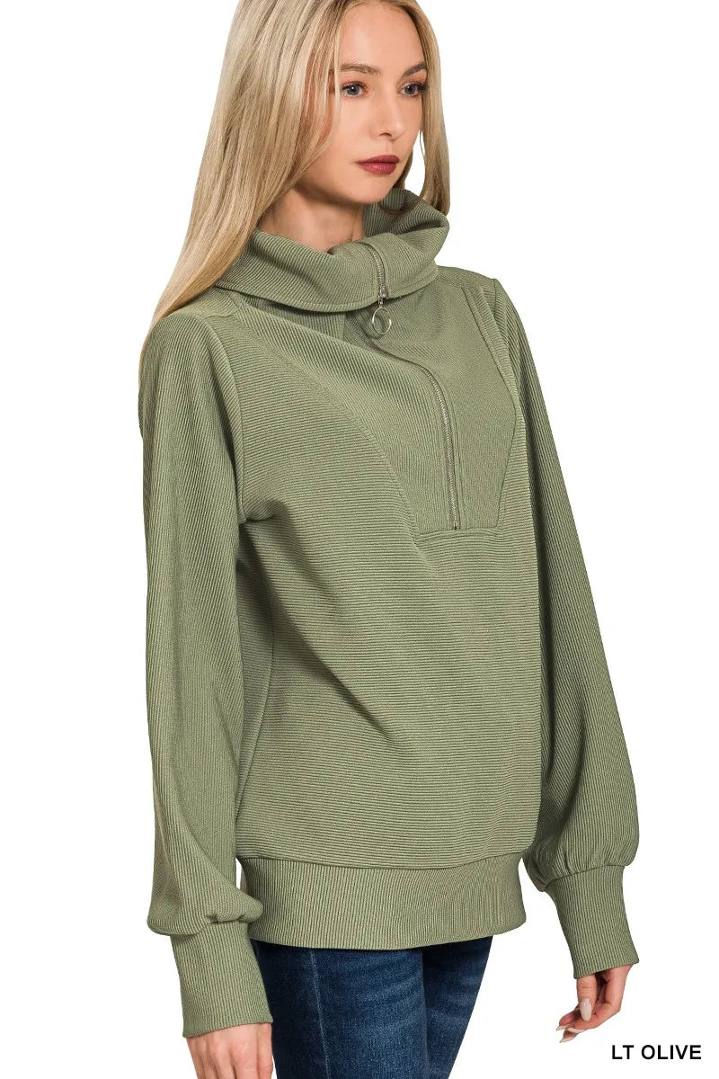 Zenana Ribbed High Neck Half Zip Pullover & Pants Set in Olive