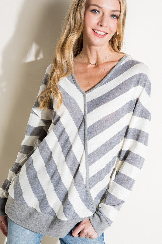 e Luna Hacci Slub Stripe V-Neck Top