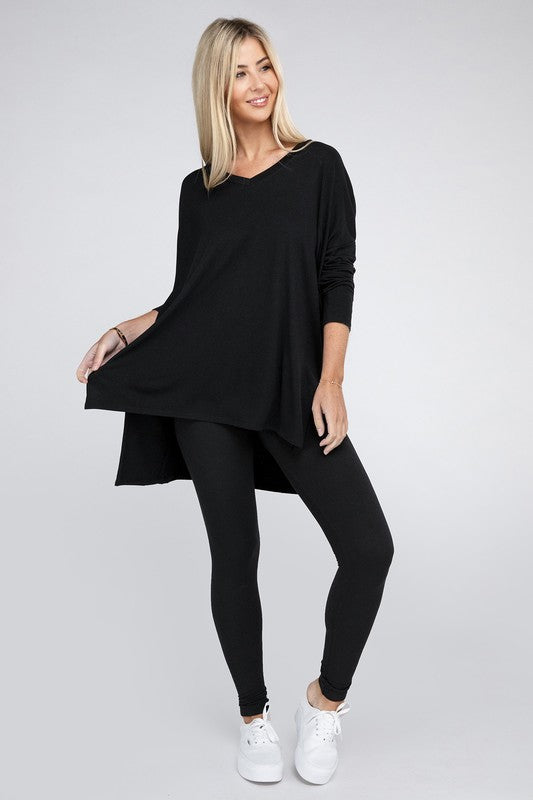 Zenana Dolman Long Sleeve V-Neck Side Slit Hi-Low Hem Top