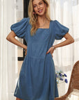 ADORA Square Neck Puff Sleeve Denim Dress