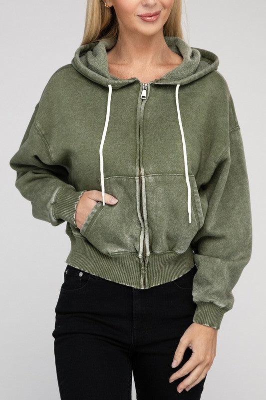 ZENANA Acid Wash Fleece Cropped Zip-Up Hoodie