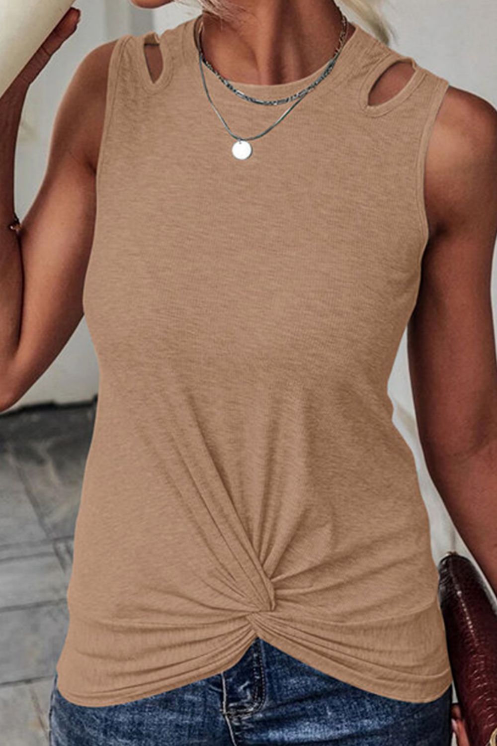 Twisted Hem Cutout Round Neck Tank - Online Only