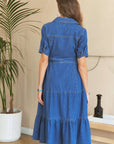 ADORA Tiered Button Down Tie Waist Short Sleeve Denim Dress