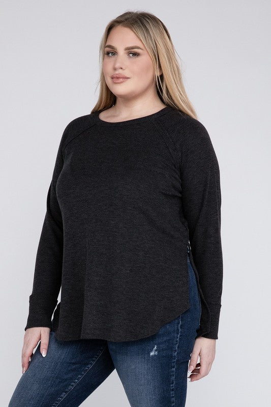 ZENANA Plus Melange Baby Waffle Long Sleeve Top