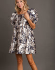 Umgee Metallic Jacquard Puff Sleeve Dress