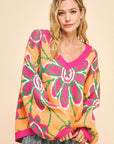 Davi & Dani Floral Contrast V-Neck Dropped Shoulder Sweater