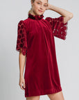 Umgee Dotted Lace Half Sleeve Mock Neck Back Tie Velvet Dress