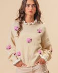 BiBi Ruffled Crochet Flower Dropped Shoulder Sweater