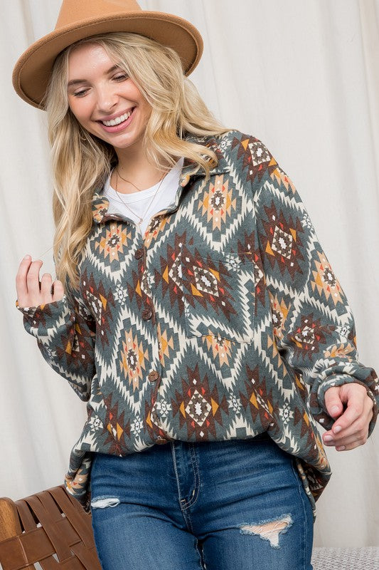 e Luna PLUS Fuzzy Aztec Button Down Shacket