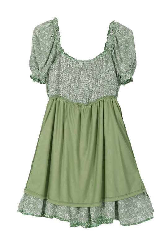 Green Smocked Puff Sleeve Dress - Online Only