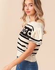 BiBi Granny Square Short Sleeve Striped Sweater