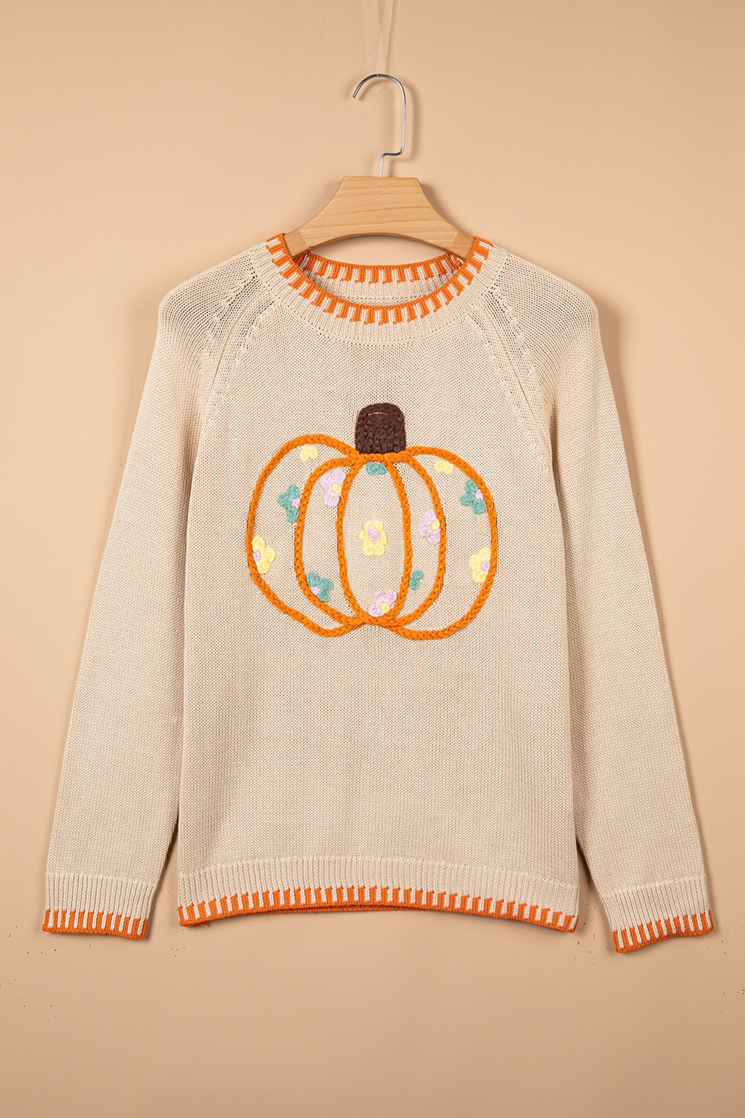 Pumpkin Floral Embroidered Round Neck Sweater