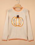 Pumpkin Floral Embroidered Round Neck Sweater