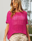 BiBi Round Neck Short Sleeve Openwork Knit Cover Up