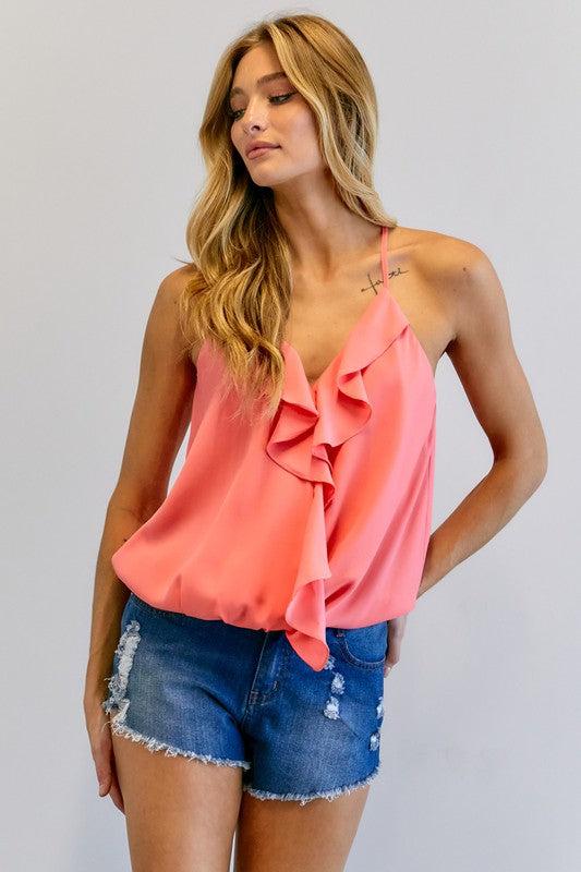 Davi &amp; Dani V Neck Sleeveless Ruffle Top - Online Only