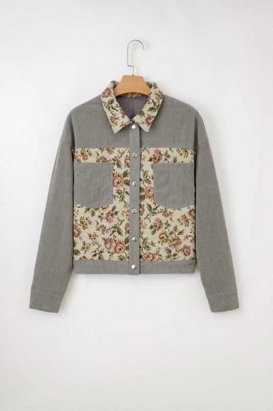 Floral Patchwork Ribbed Corduroy Shirt Jacket
