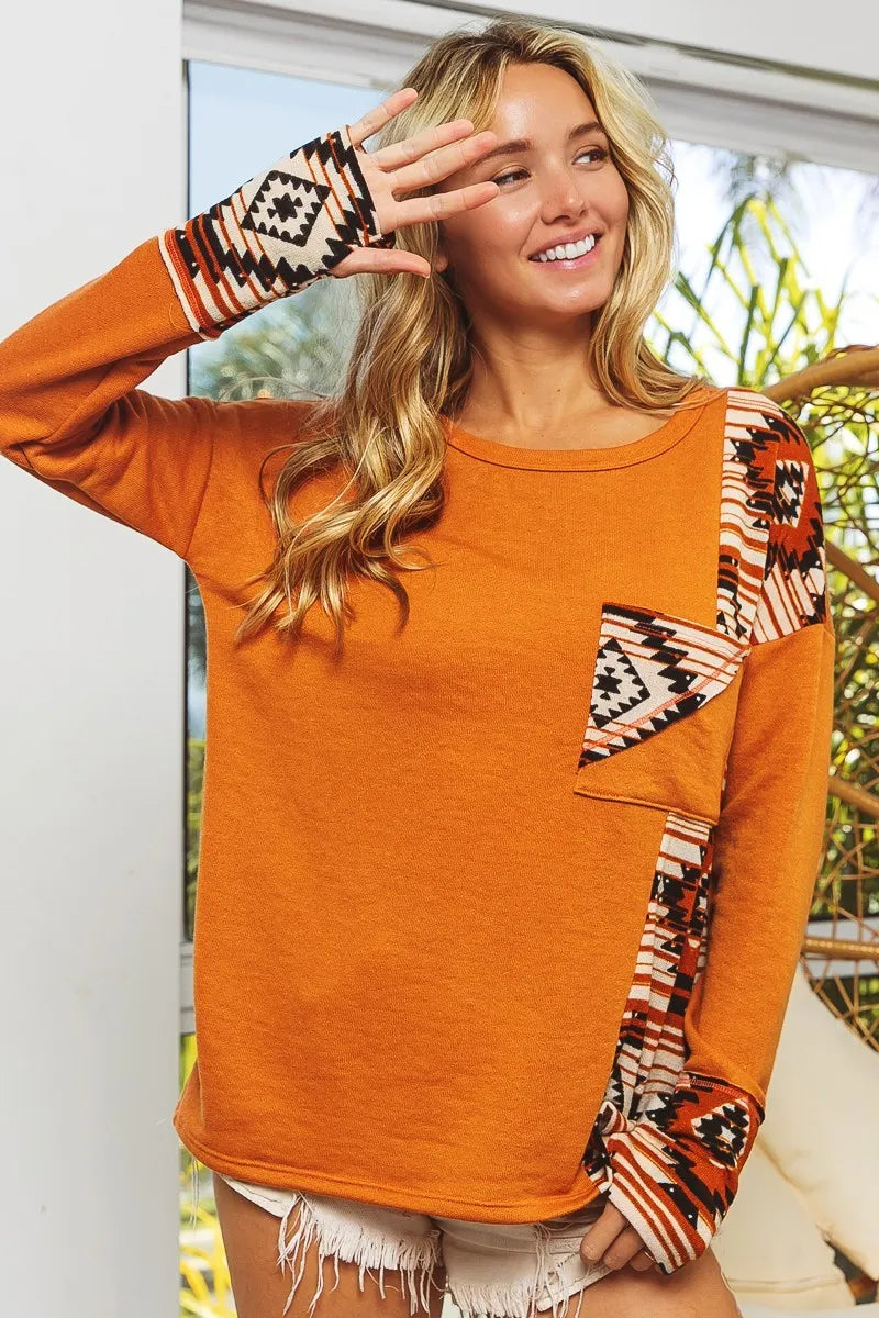 BiBi French Terry with Aztec Print Top