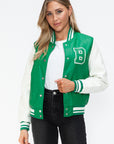 Love Me Now PU Leather Contrast Snap Down Bomber Jacket