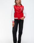 Love Me Now PU Leather Contrast Snap Down Bomber Jacket