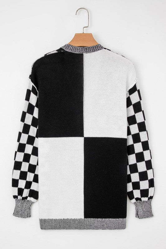 Checker Open Front Drop Shoulder Cardigan
