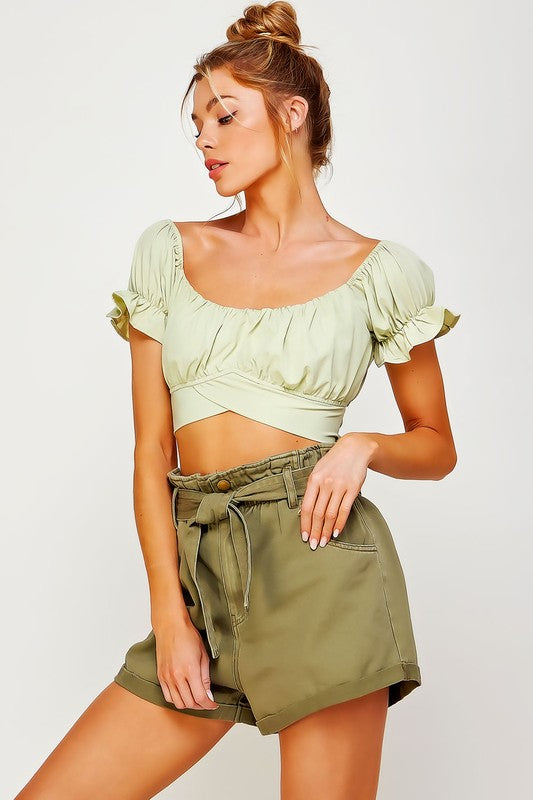 Off  Shoulder Pleated Crop Top with Back Ribbon Tie